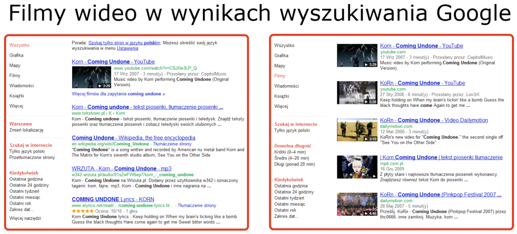 Filmy wideo w wynikach wyszukiwania