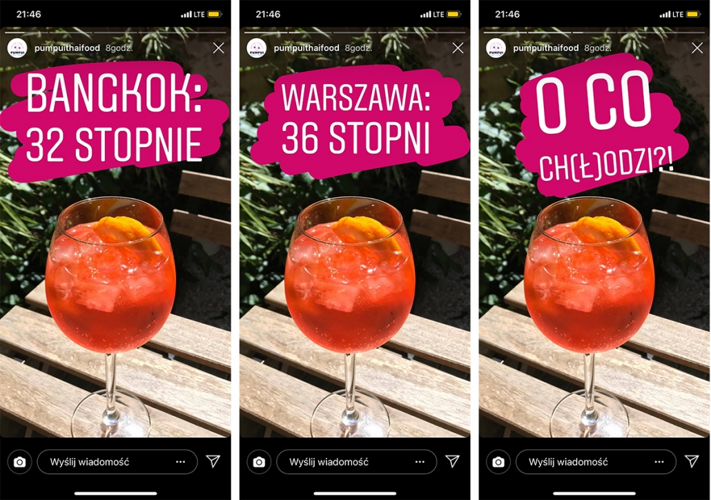 Instagram Stories wykorzystujący sekwencyjność i odwołujący się do aktualnej sytuacji pogodowej